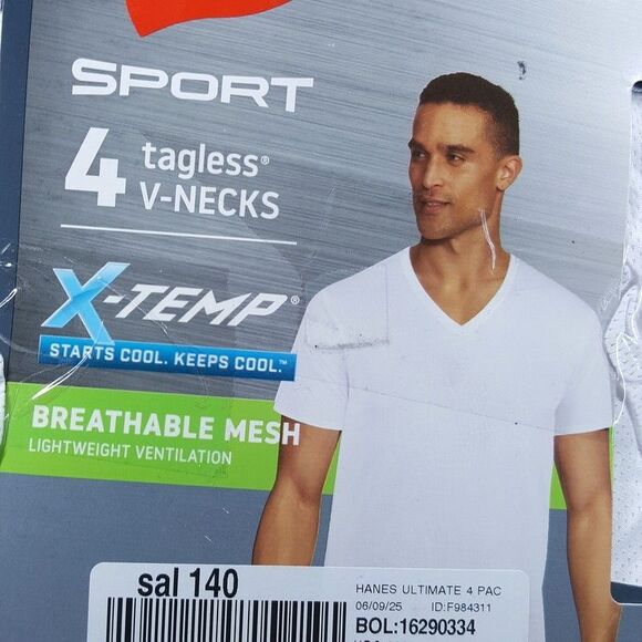 HANES Shirt Mens XL White 2-Pack V-Neck X-Temp Tagless Breathable Mesh Sport - Picture 2 of 4